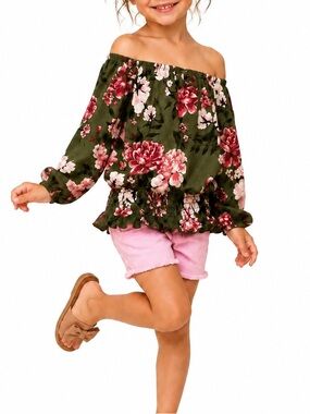 MONKEY BARS Floral Off Shoulder Boho Top Summer Cuteness Long Sleeve Size 6X